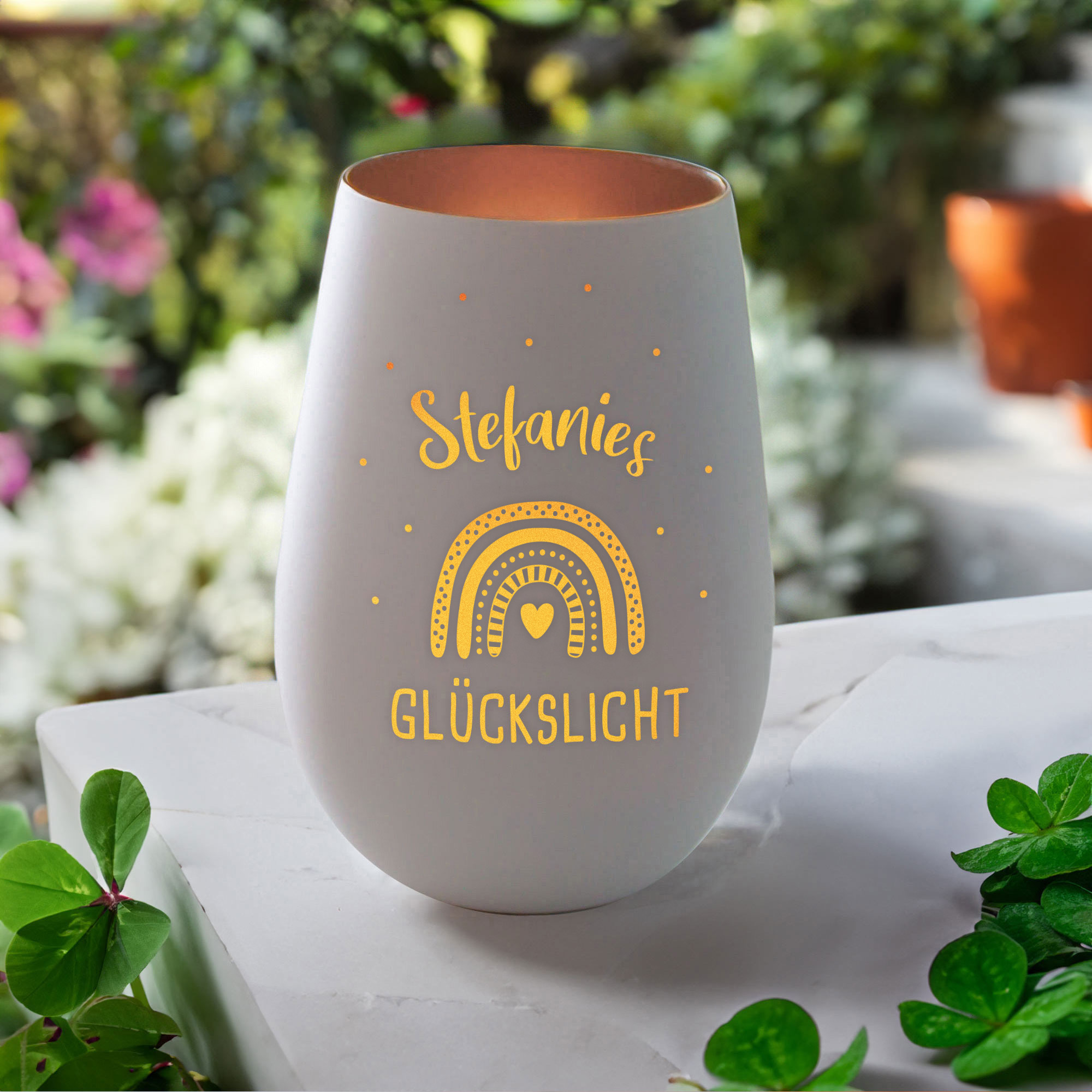 Weißes Windlicht mit Gravur Glückslicht - Bronze