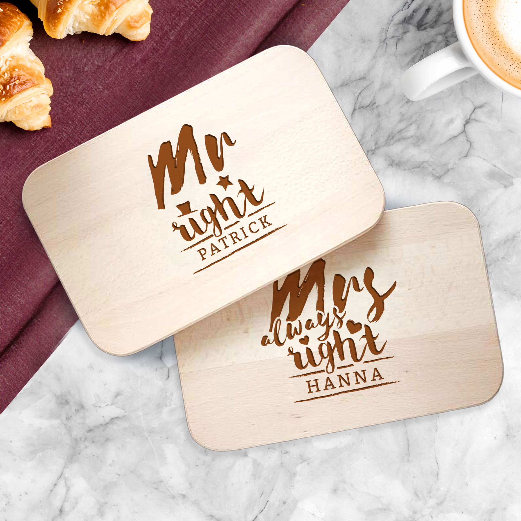 2er Set Frühstücksbretter mit Gravur - Mr & Mrs Right - personalisiert 2er Set Frühstücksbretter mit Gravur - Mr & Mrs Right - personalisiert