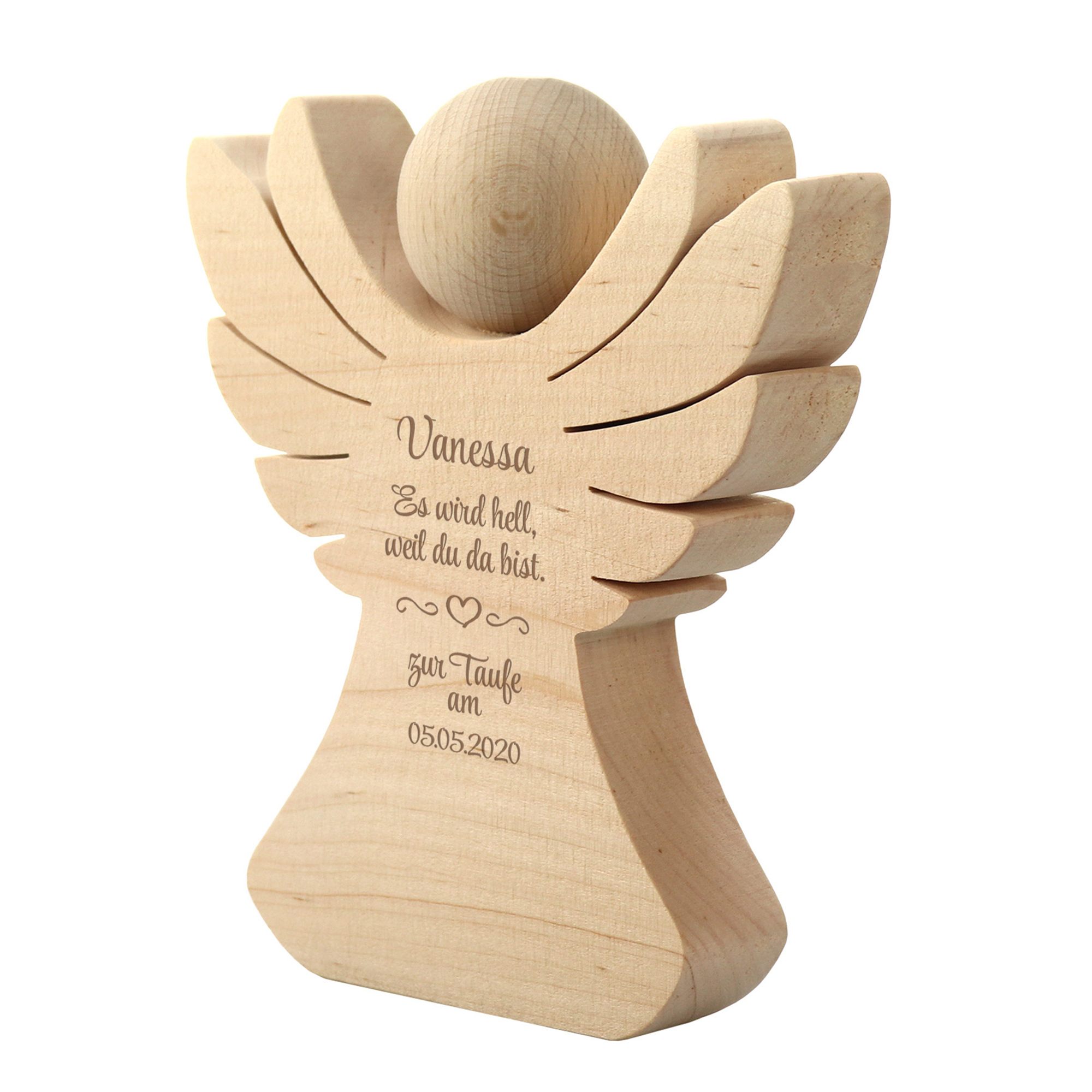 Engel aus Holz mit Gravur zur Taufe