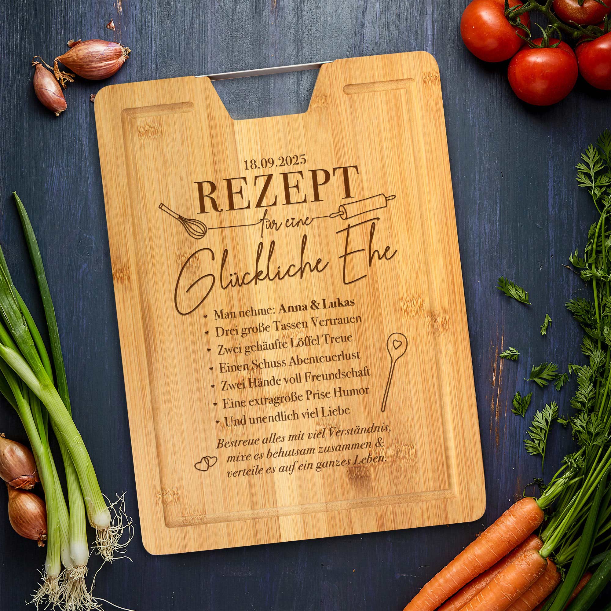 Bambusholz Schneidebrett mit Gravur - Rezept glückliche Ehe
