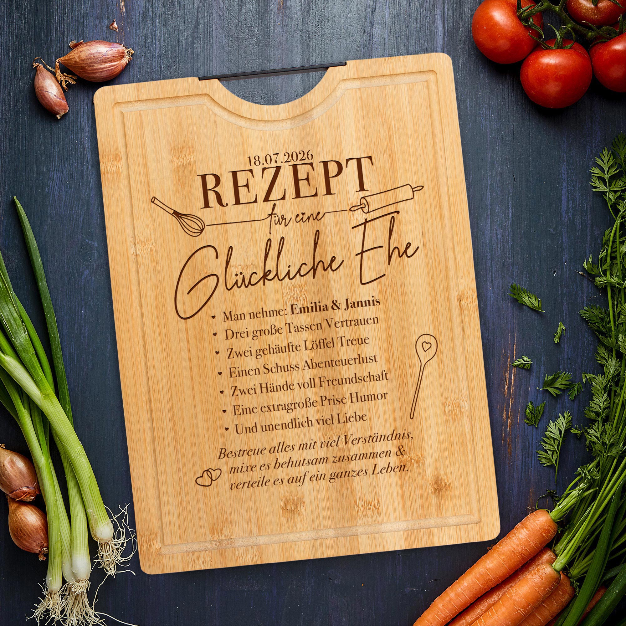 Bambusholz Schneidebrett mit Gravur - Rezept glückliche Ehe Bambusholz Schneidebrett mit Gravur - Rezept glückliche Ehe