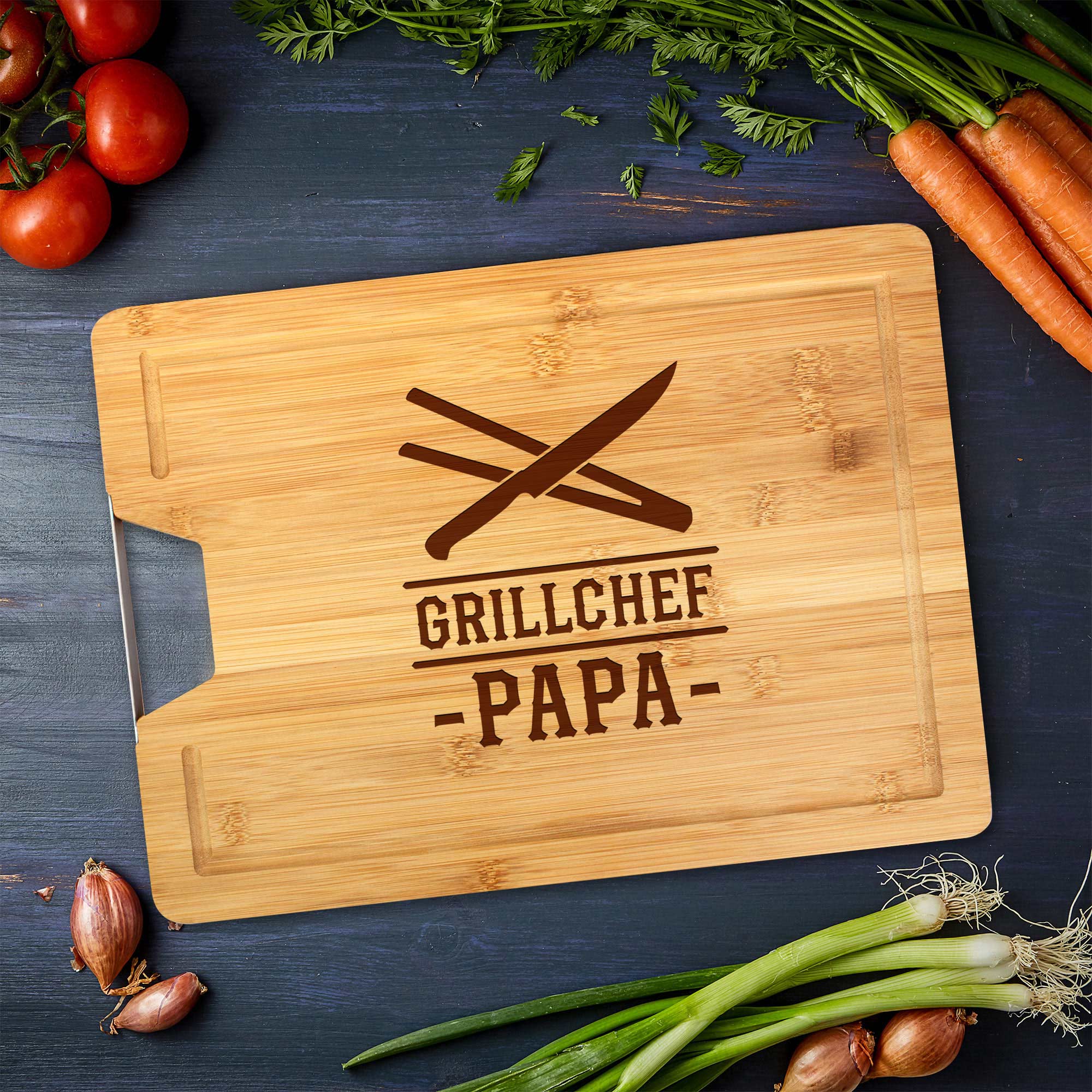 Bambusholz Schneidebrett mit Gravur Grillchef - Grillbrett für Papa