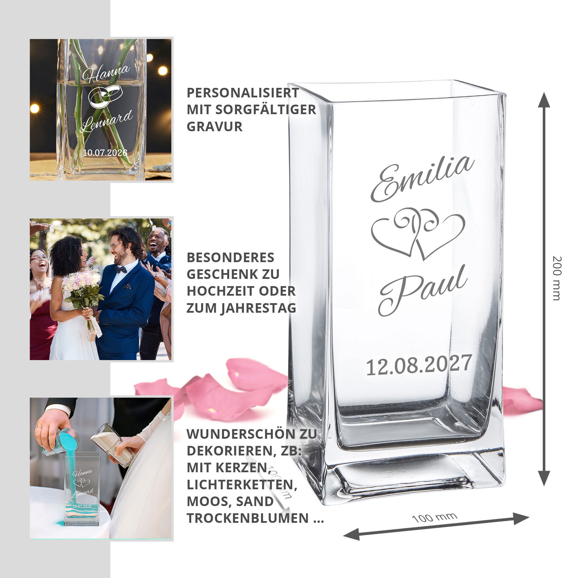 Blumenvase aus Glas zur Hochzeit - Personalisiert