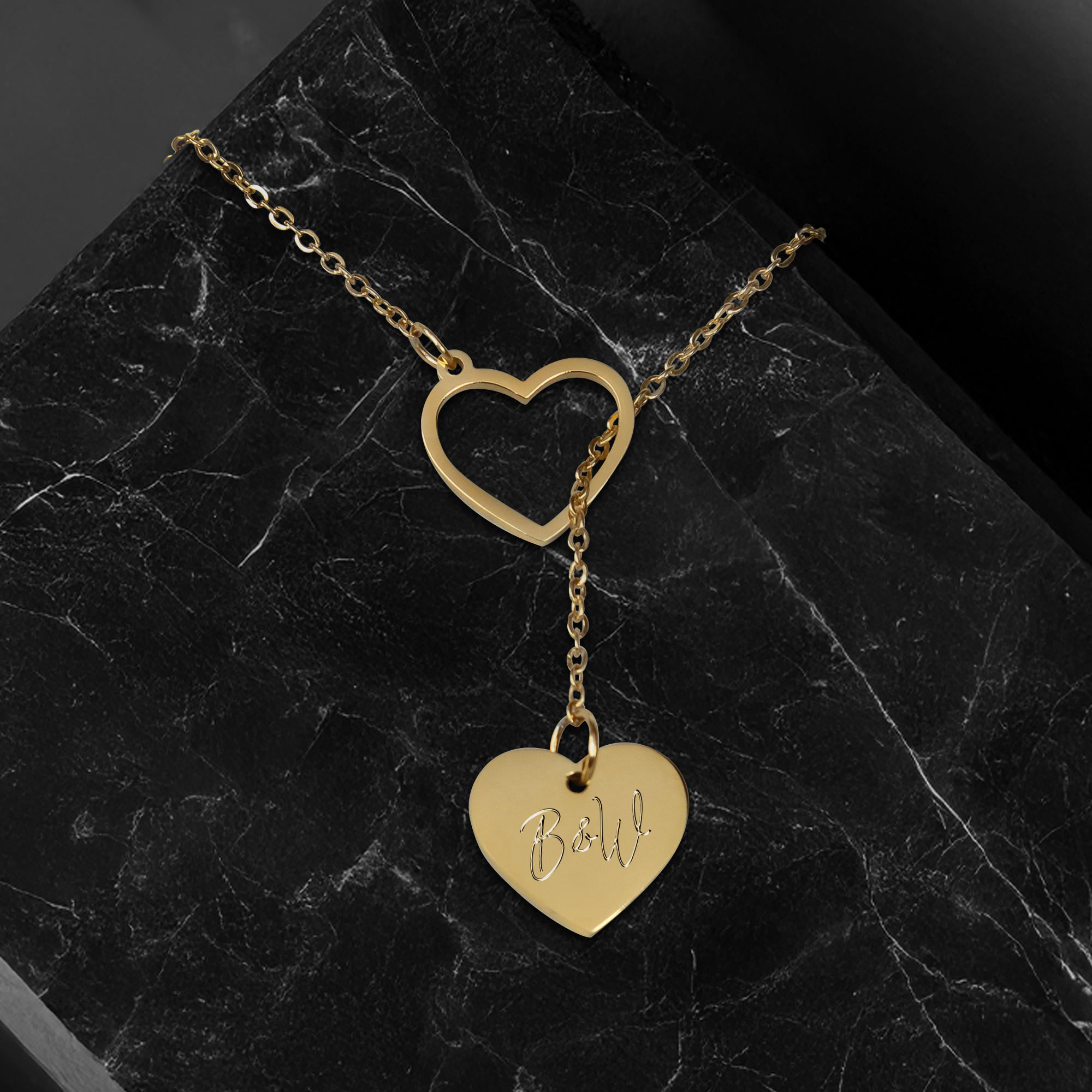 Y Kette mit zwei Herzen in Gold - Initialen Gravur