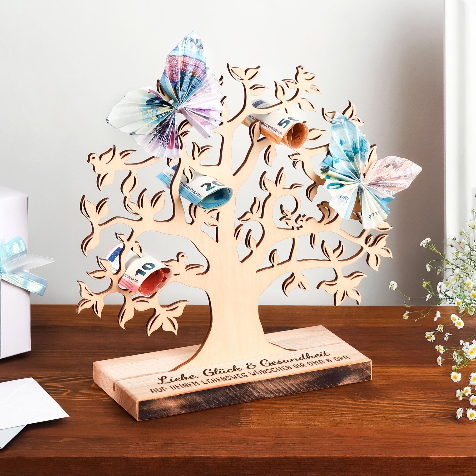Kleiner Geldbaum mit Gravur Glück auf dem Lebensweg - Geldgeschenk