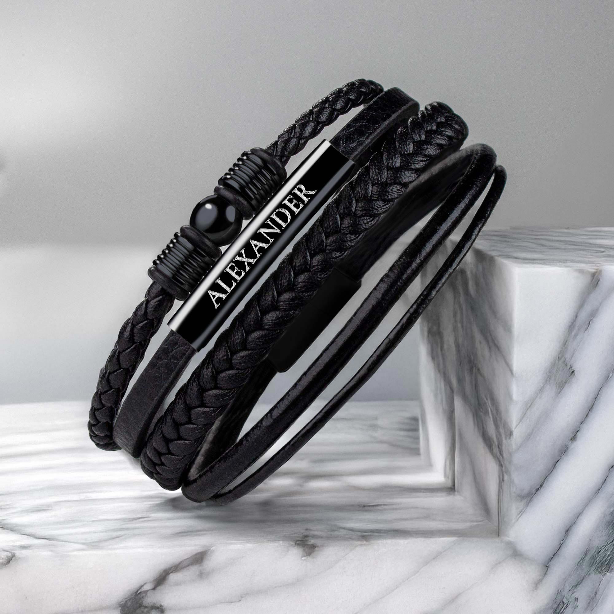 Geflochtenes Lederarmband mit Beads Schwarz - mit Gravur