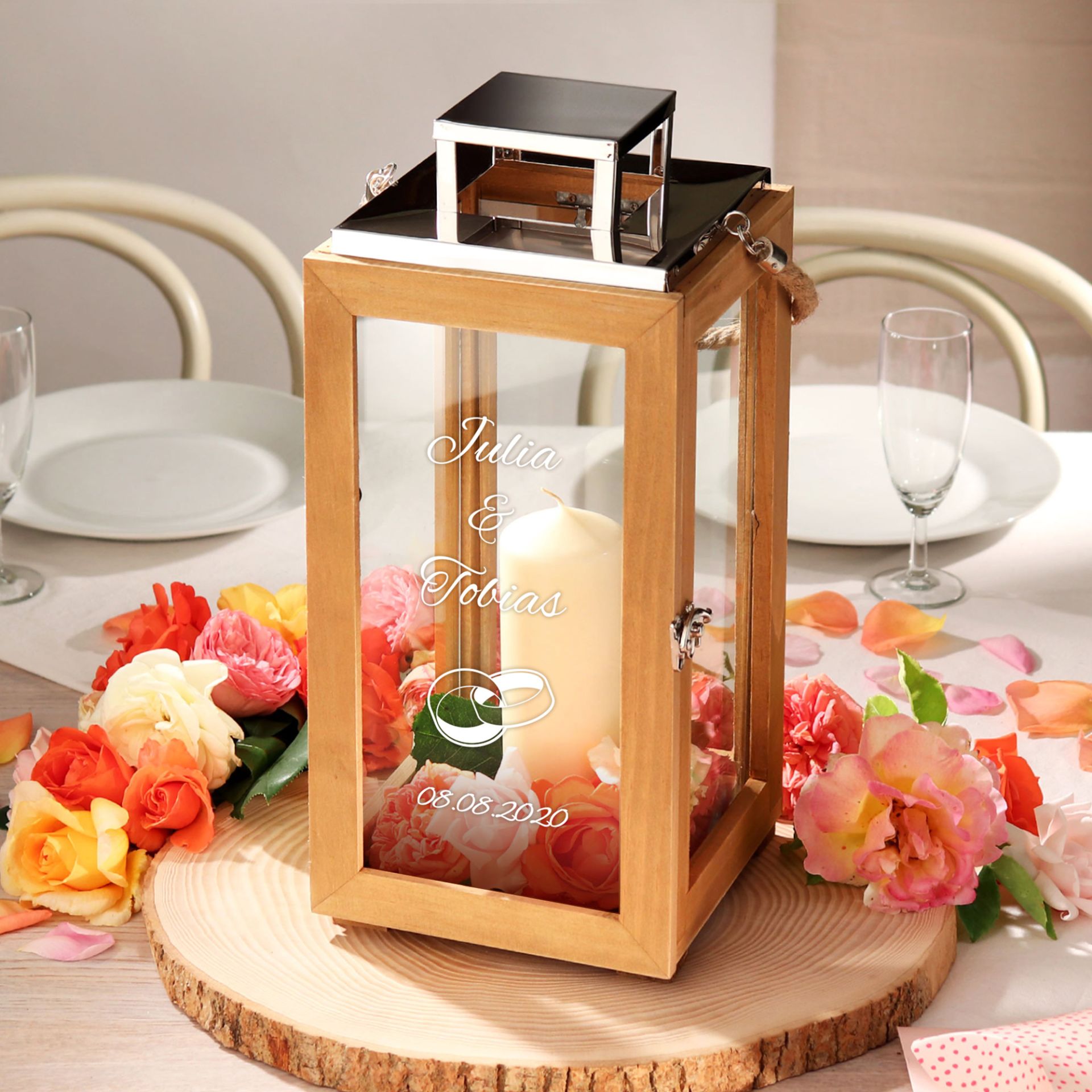 Holzlaterne mit Gravur zur Hochzeit - Personalisiert