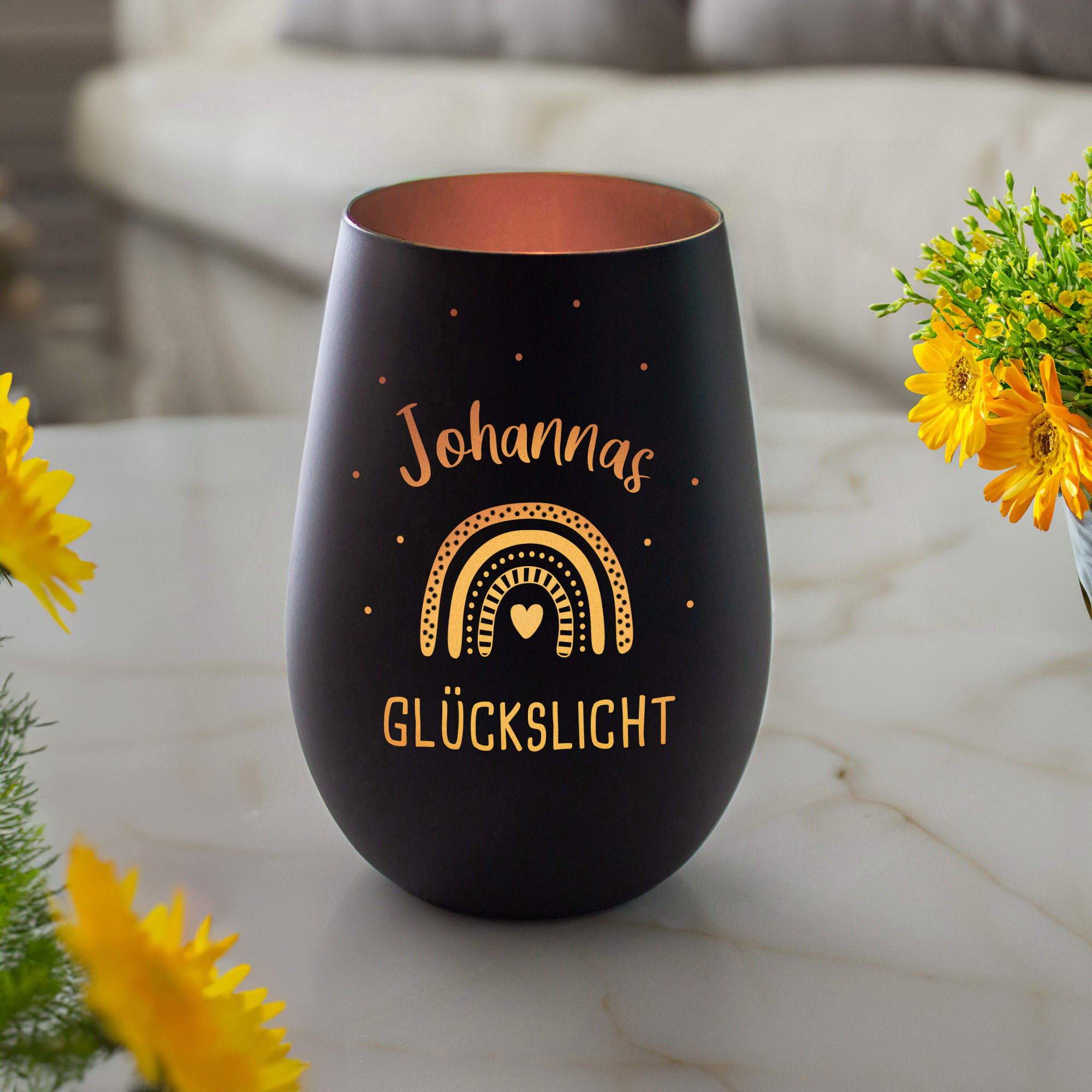 Schwarzes Windlicht mit Gravur Glückslicht - Bronze