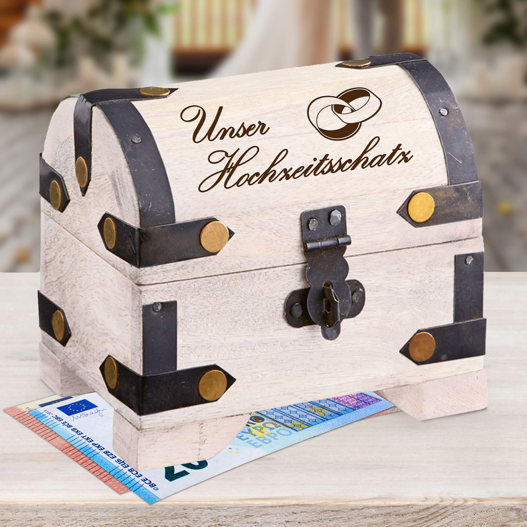 Kleine Schatztruhe mit Gravur Hochzeitsschatz - Weiß