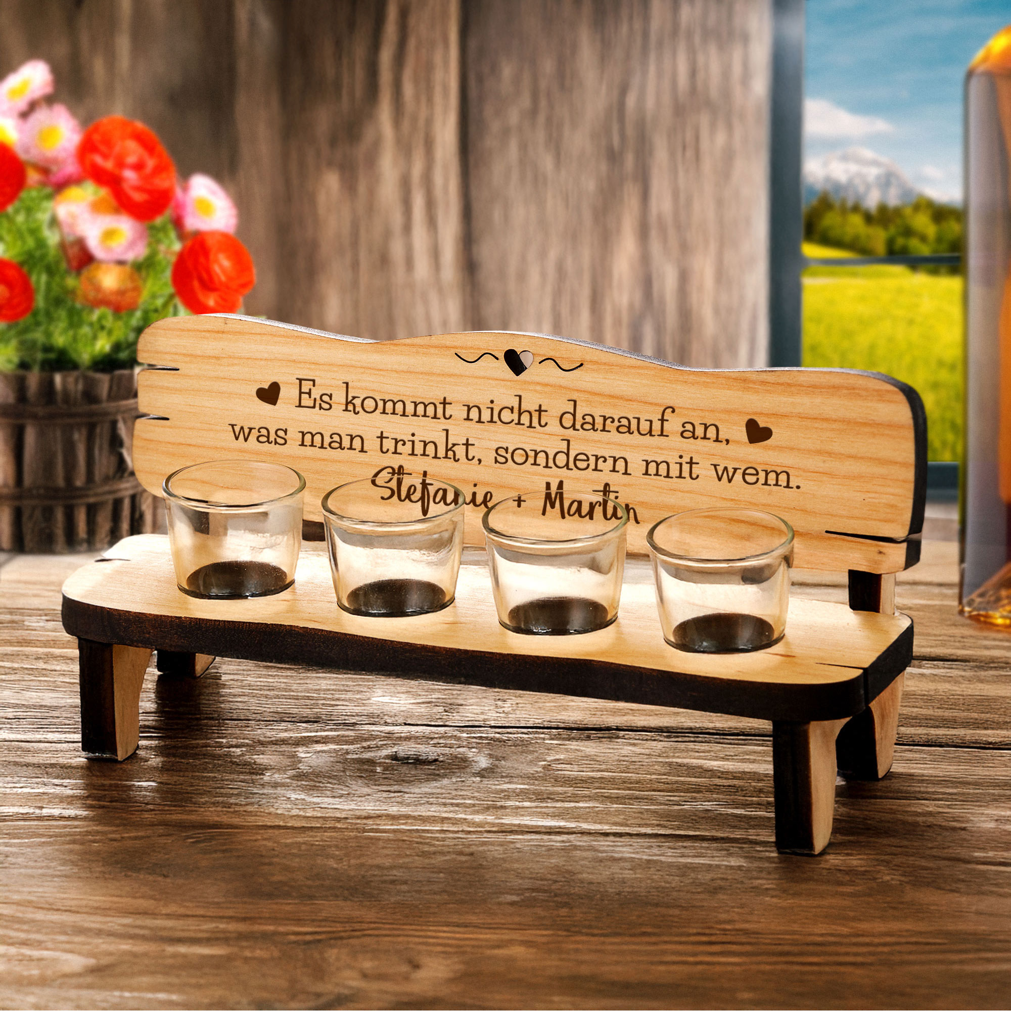 Personalisierte 4er Schnapsbank - Trinkspruch