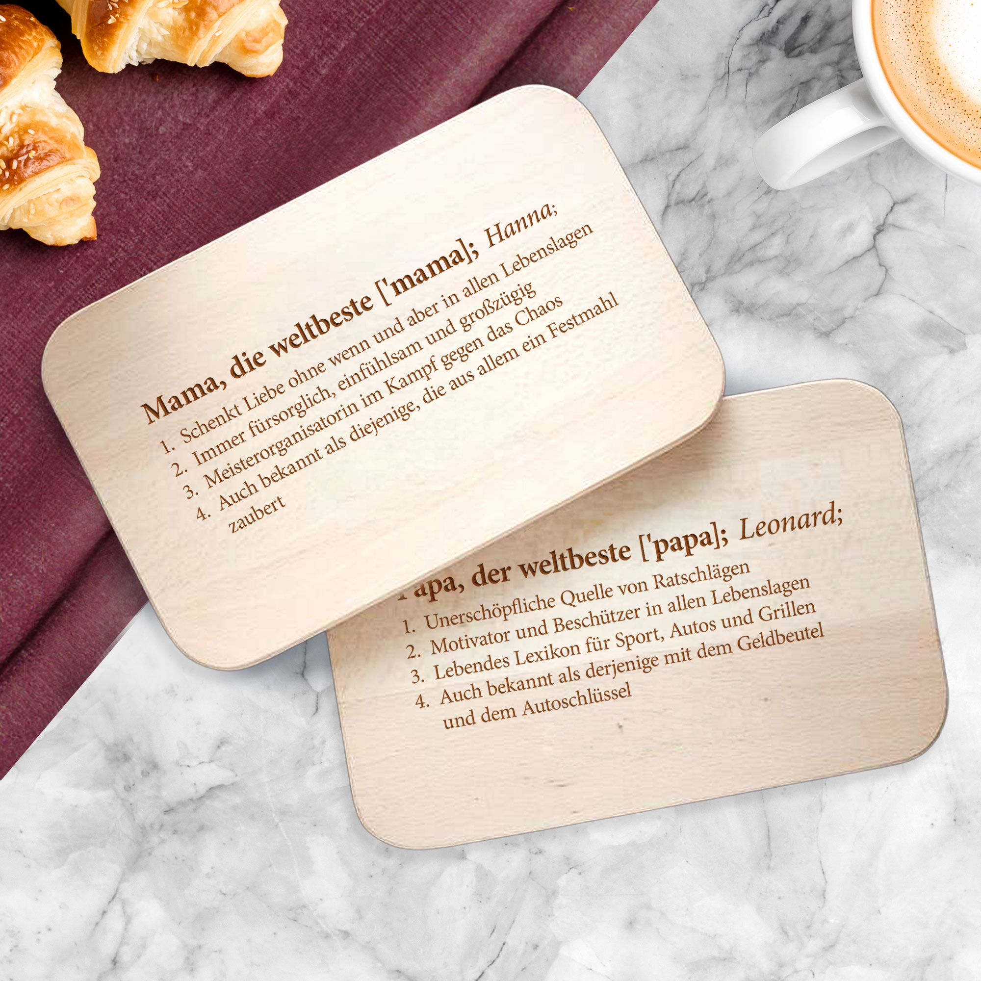 Personalisiertes Frühstücksbrett mit Gravur - 2er Set - Definition Mama & Papa
