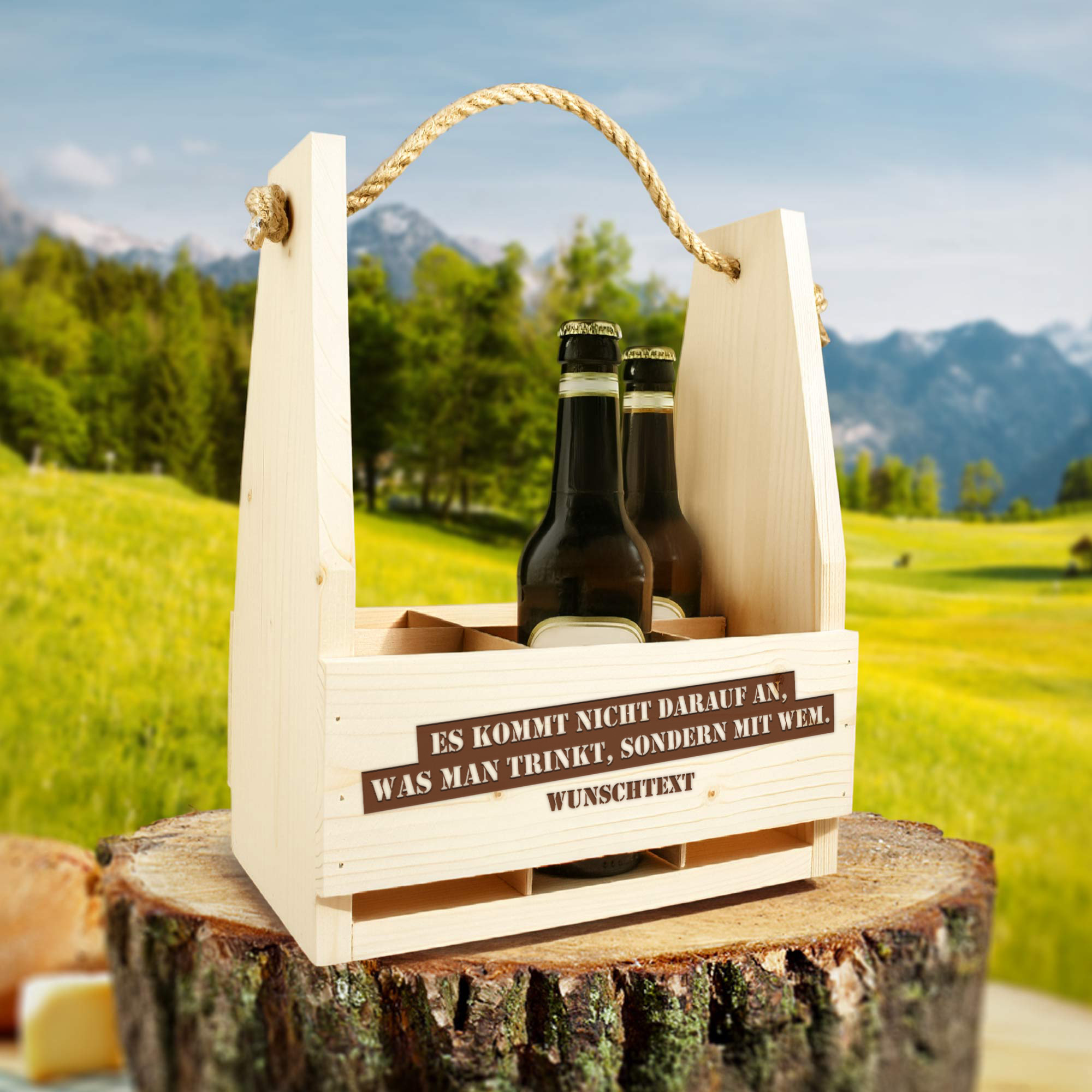 Flaschenträger 6-Fach aus Holz mit Gravur - Trinkspruch Flaschenträger 6-Fach aus Holz mit Gravur - Trinkspruch